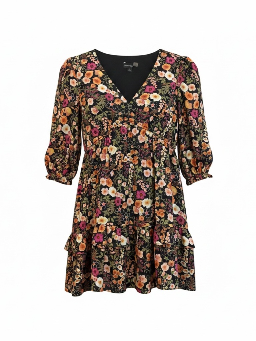 Maison Tara Floral Dress Black Multi Puff Sleeve V-Neck Size 14